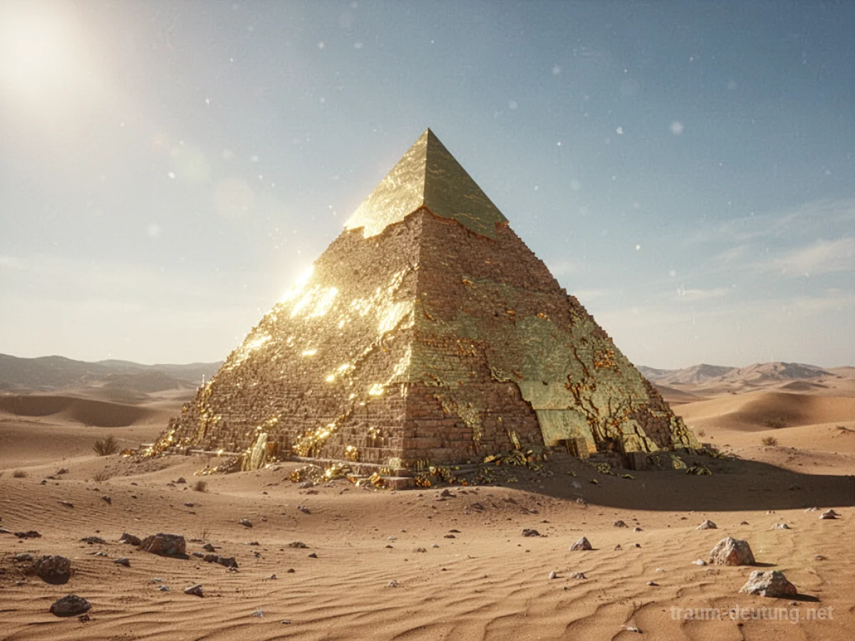 Eine strahlende goldene Pyramide inmitten einer Wüstenlandschaft