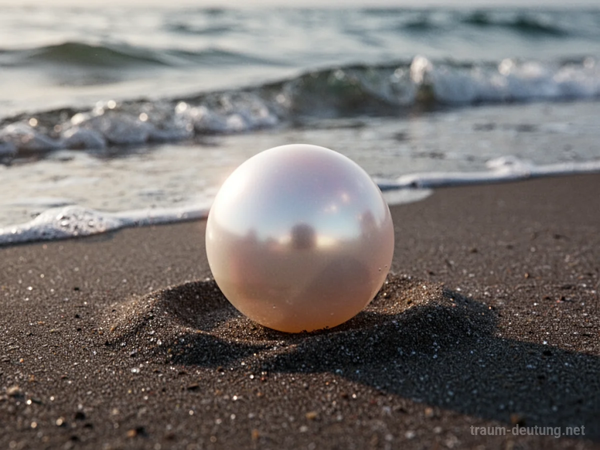Eine große, schimmernde Perle liegt im Sand am Strand.