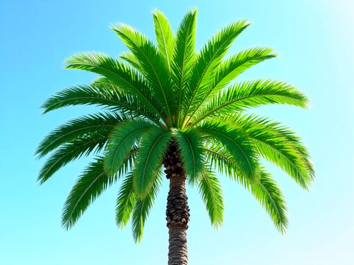 Eine gesunde, grüne Palme unter blauem Himmel.