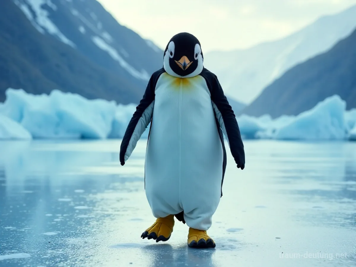 Eine Person im Pinguinkostüm geht auf Eis und wirkt entschlossen.