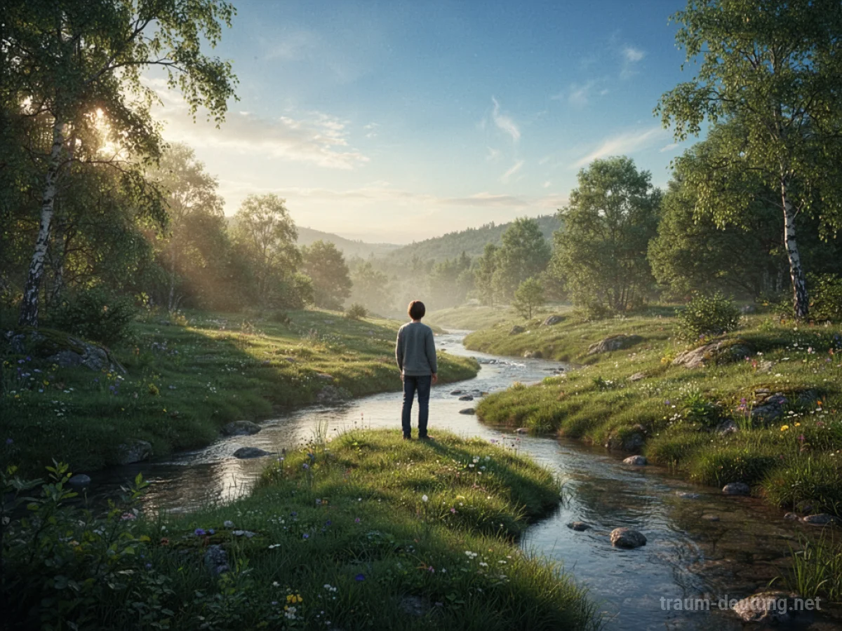 Eine Person steht in einer idyllischen, sonnenbeschienenen Landschaft.