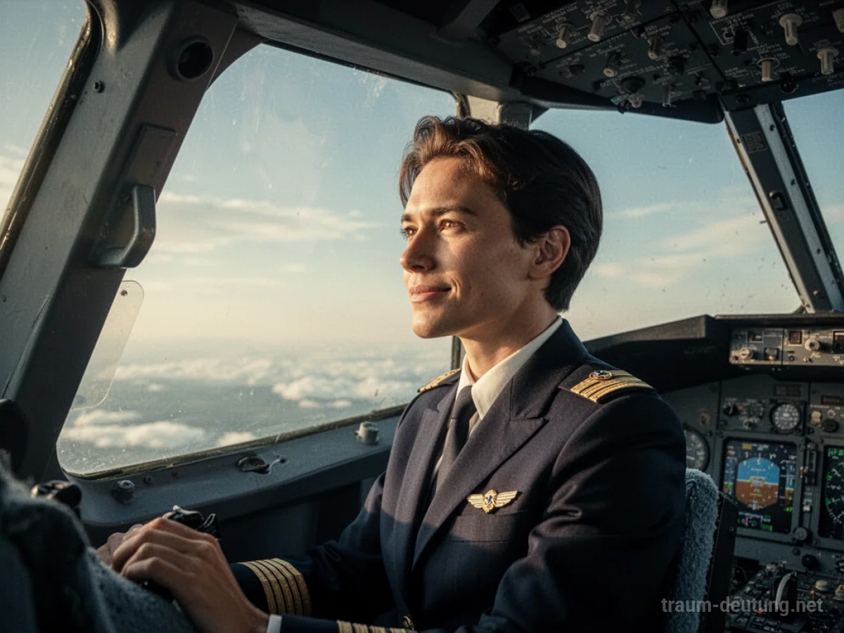 Person im Pilotenoutfit sitzt im Cockpit eines Flugzeugs und blickt nach vorn.
