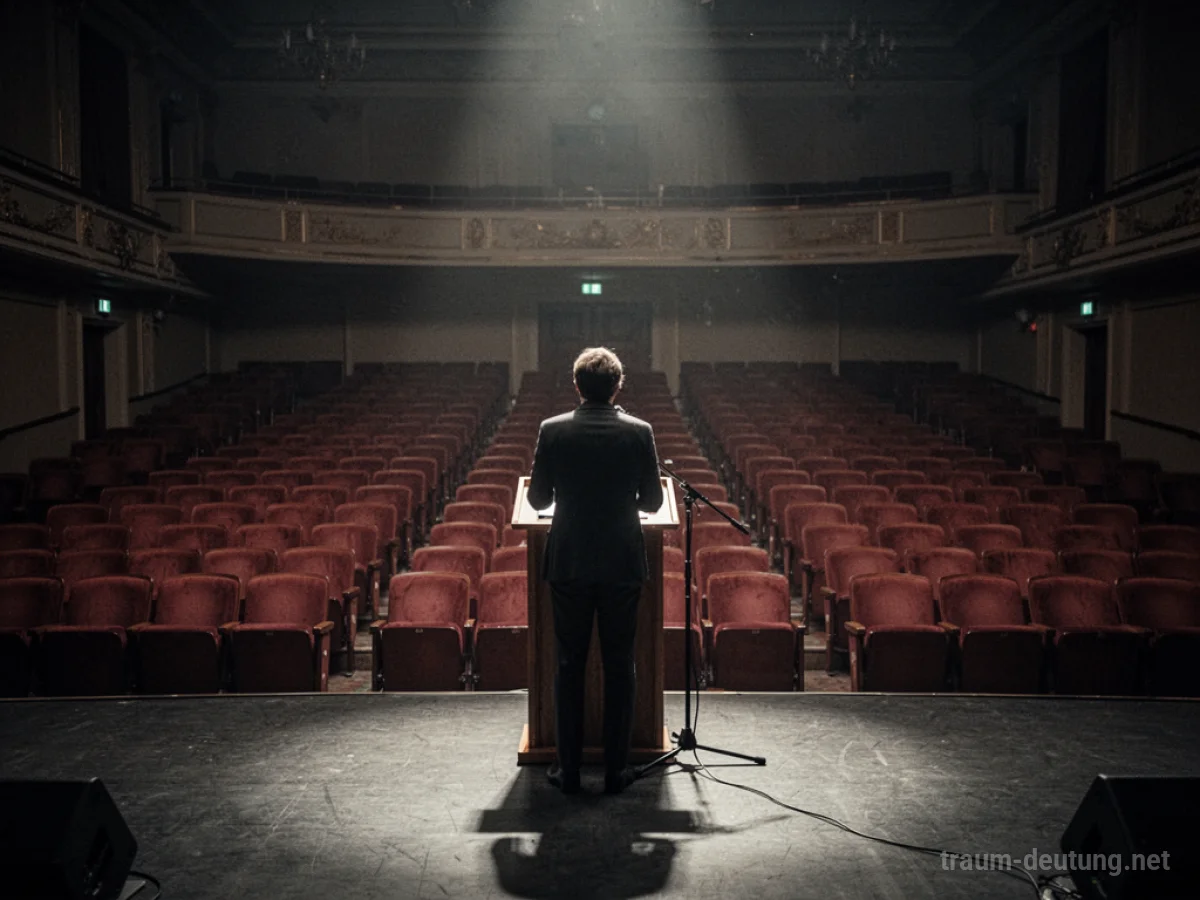 Eine einzelne Person steht allein am Rednerpult vor einem leeren Auditorium.