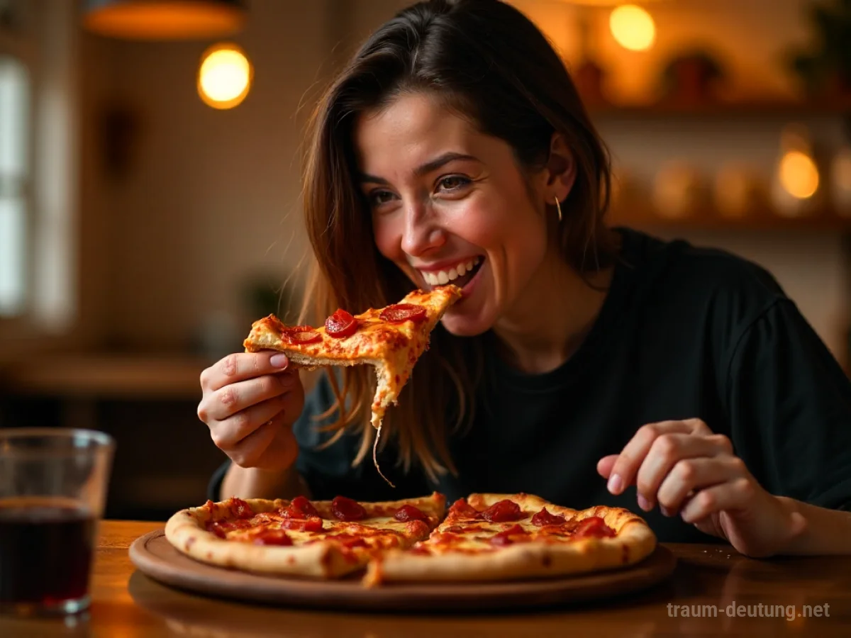 Eine Person isst genussvoll ein Stück Pizza.