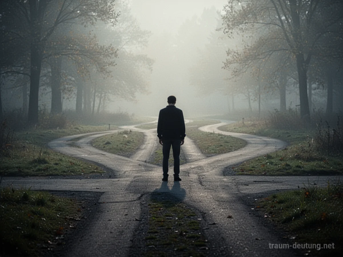 Silhouetten einer Person, die an einer Weggabelung steht und unsichere Pfade betrachtet.