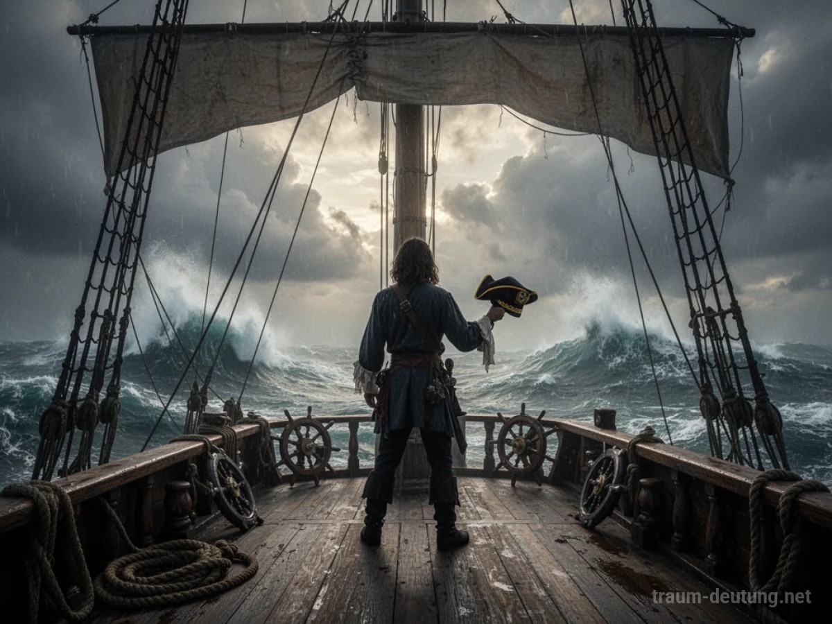 Silhouettenhafte Figur als Piratenkapitän auf einem Schiff mit Blick auf stürmisches Meer.