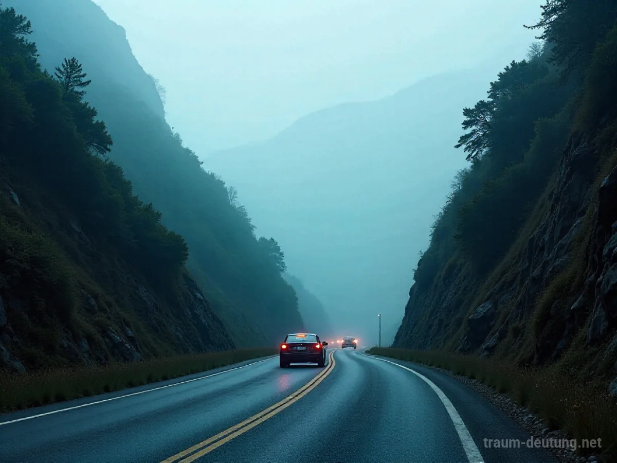 Ein Auto bleibt auf einer engen Bergstraße im Nebel stecken.