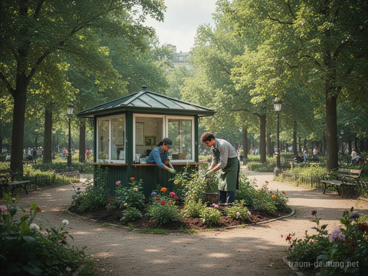 Eine Person arbeitet in einem Park, umgeben von Bäumen und Wegen.
