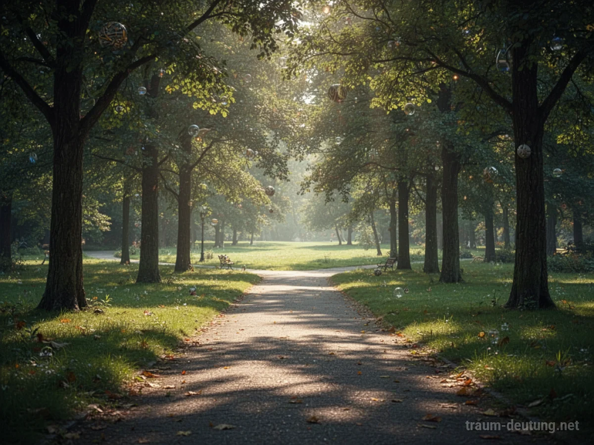 Ein sonniger Parkweg führt durch Bäume zu einer Lichtung.