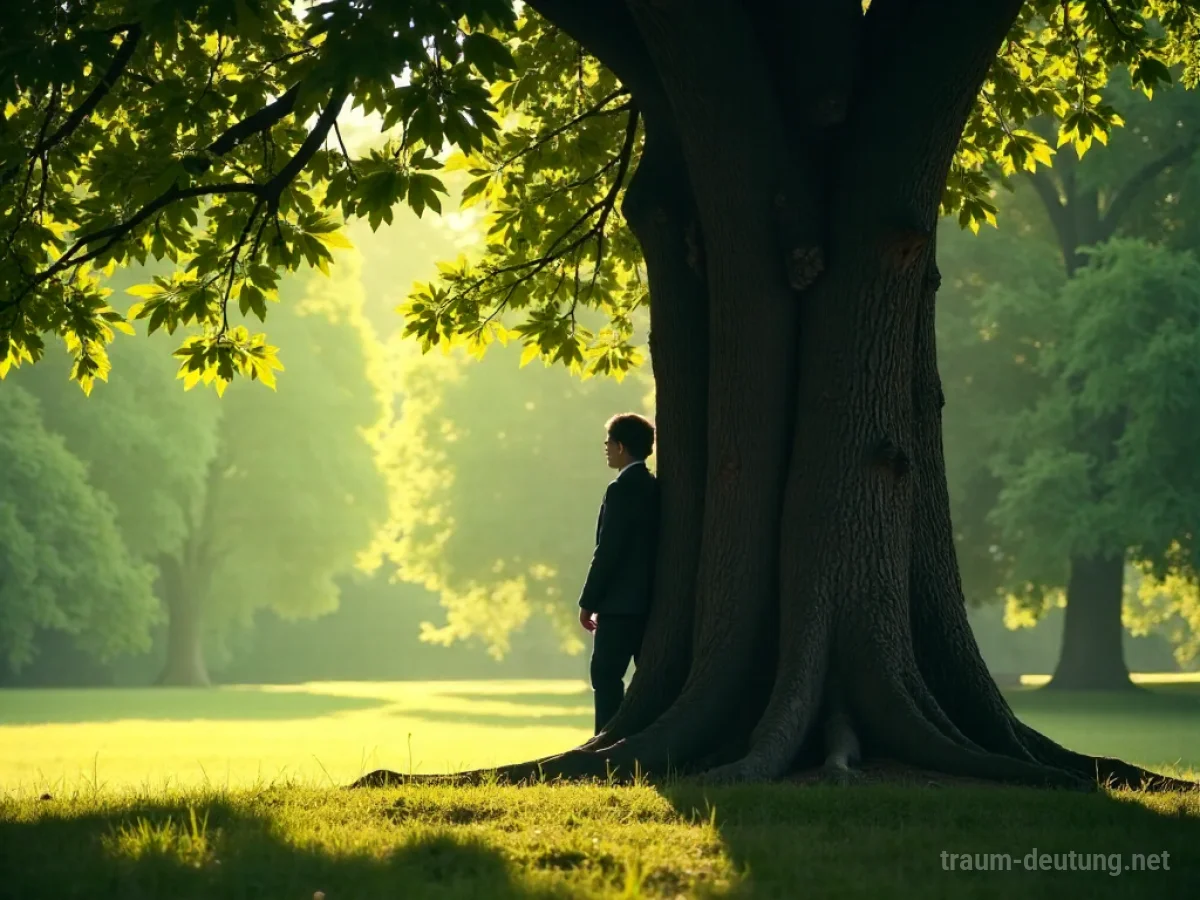 Person versteckt sich hinter einem Baum im Park und beobachtet die Umgebung.