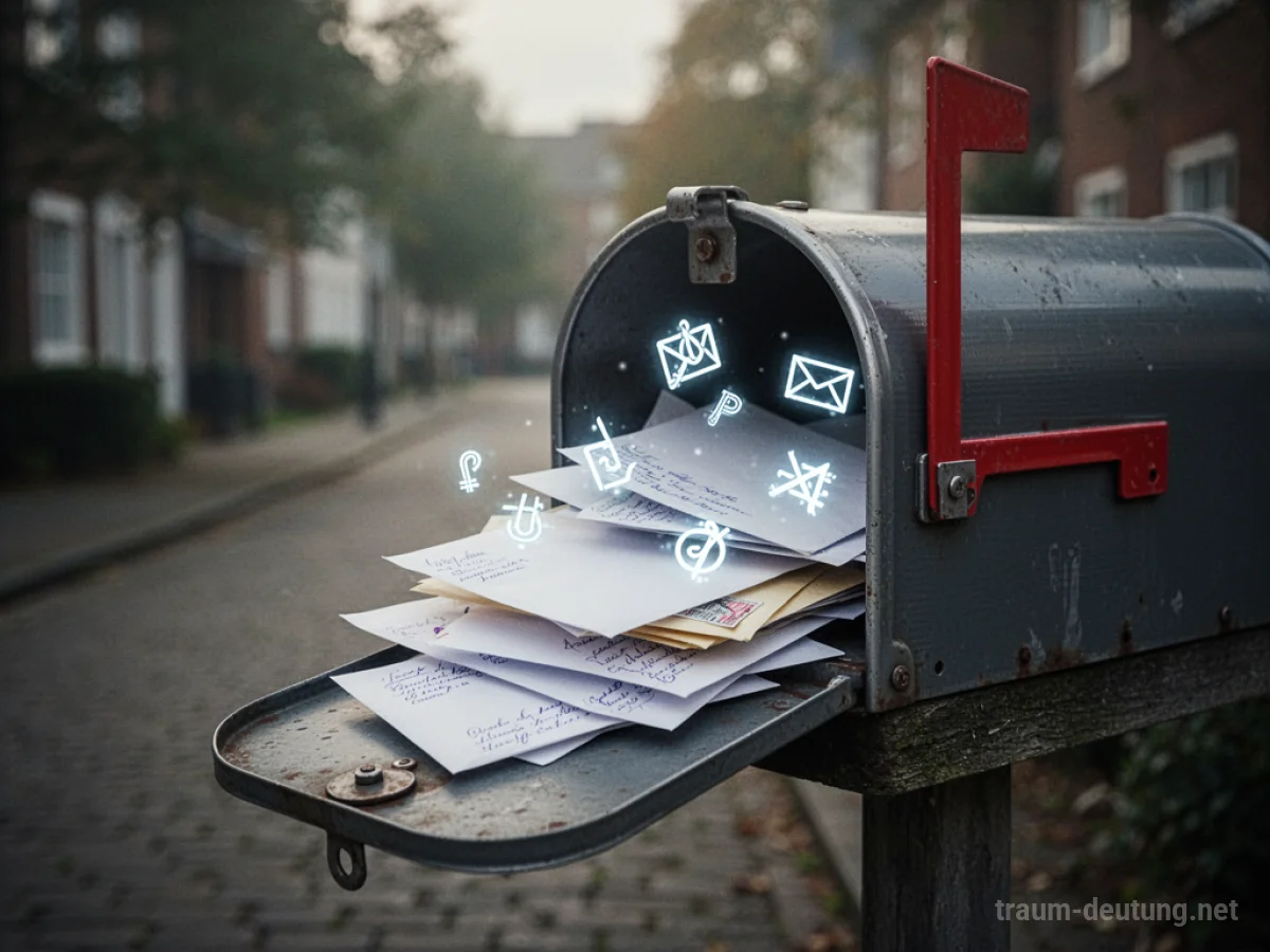 Offener Briefkasten mit herausfallenden Briefen und Symbolen.