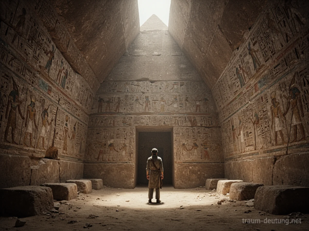 Eine Person steht im Inneren einer antiken Pyramide mit verzierten Wänden.