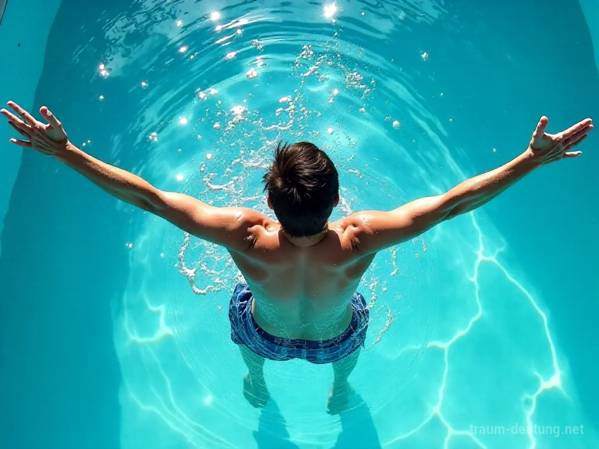 Person fällt in einen blauen Pool mit Spritzwasser