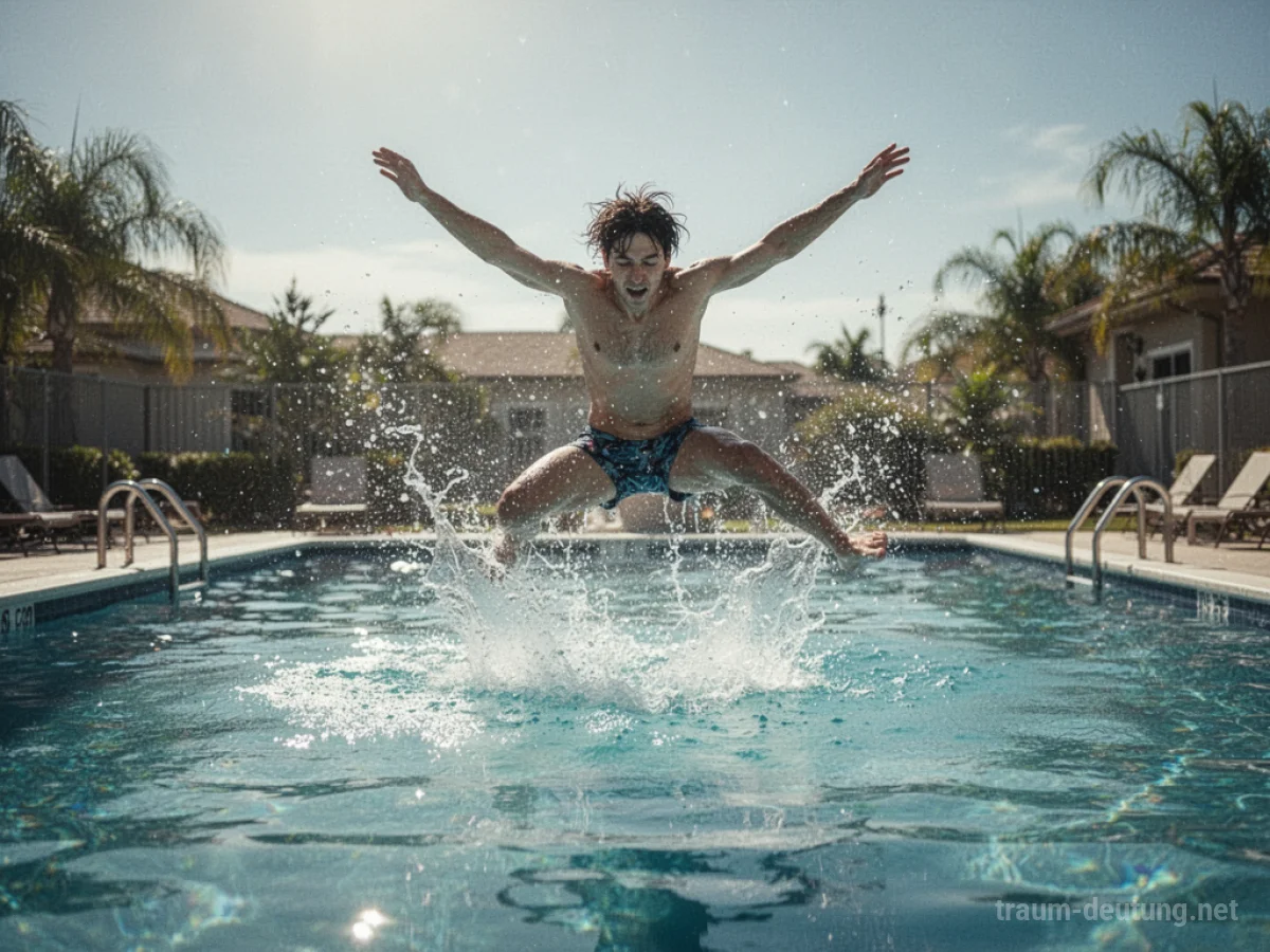 Eine Person springt fröhlich in einen blauen Pool