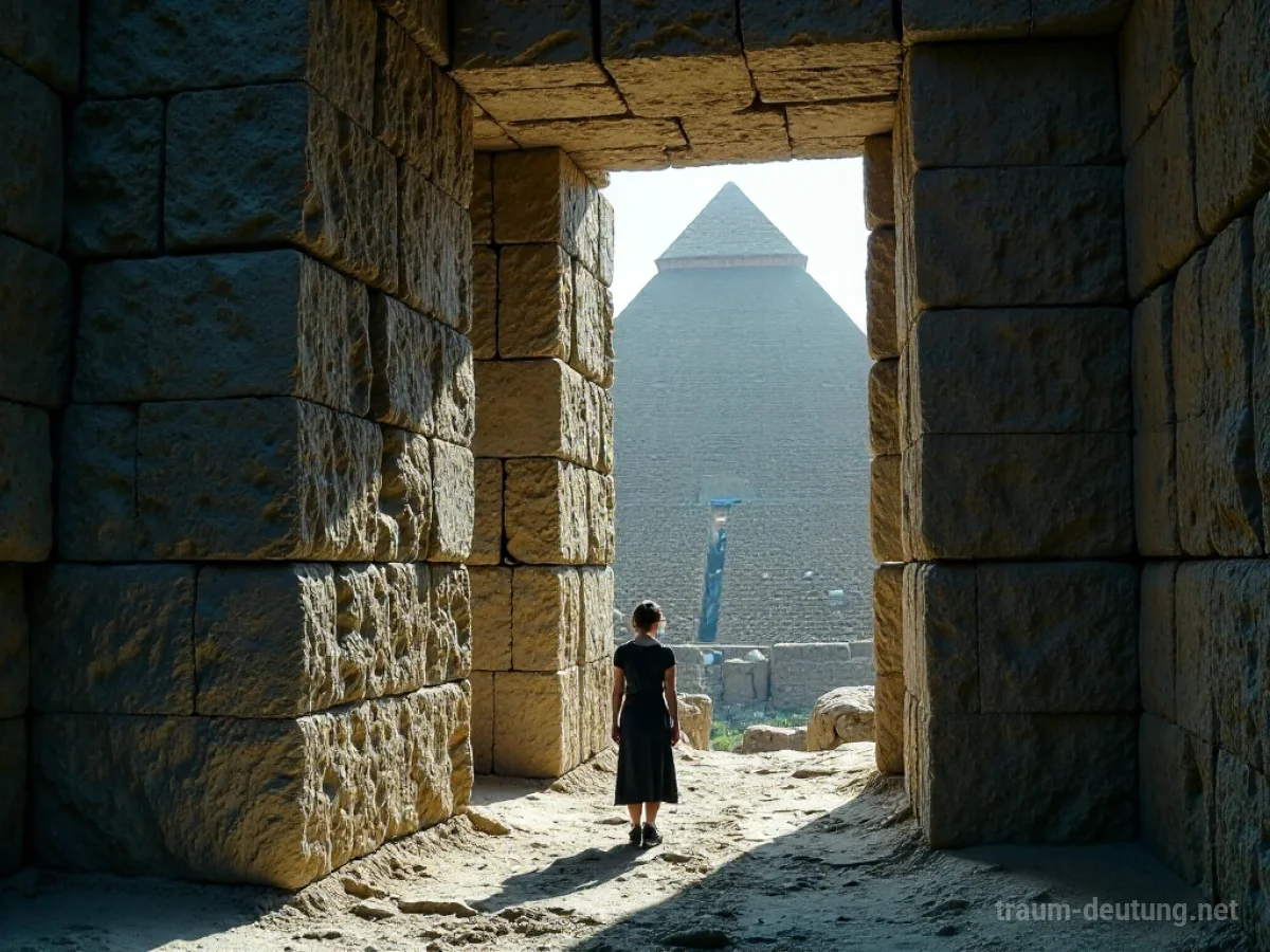 Person sucht Schutz in einer alten Pyramide.