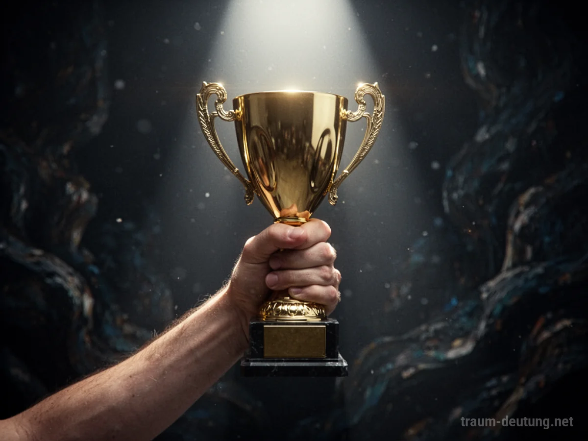 Eine Hand hält eine goldene Trophäe im Scheinwerferlicht.