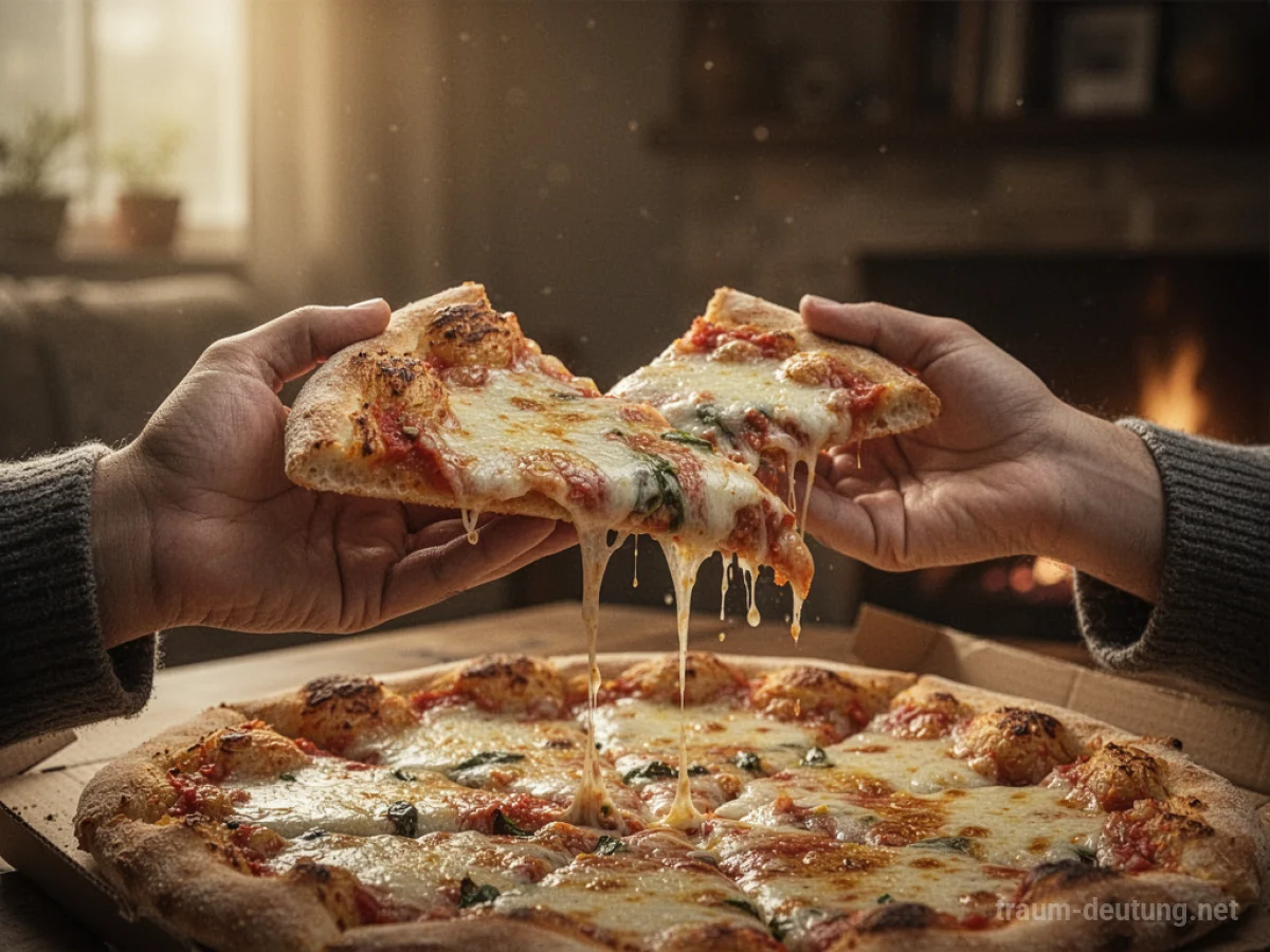 Eine Hand reicht einer anderen Hand ein Stück Pizza.