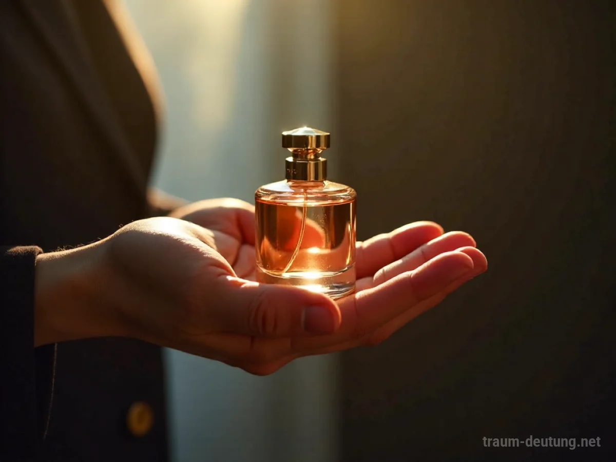 Eine Hand reicht eine Parfümflasche als Geschenk.
