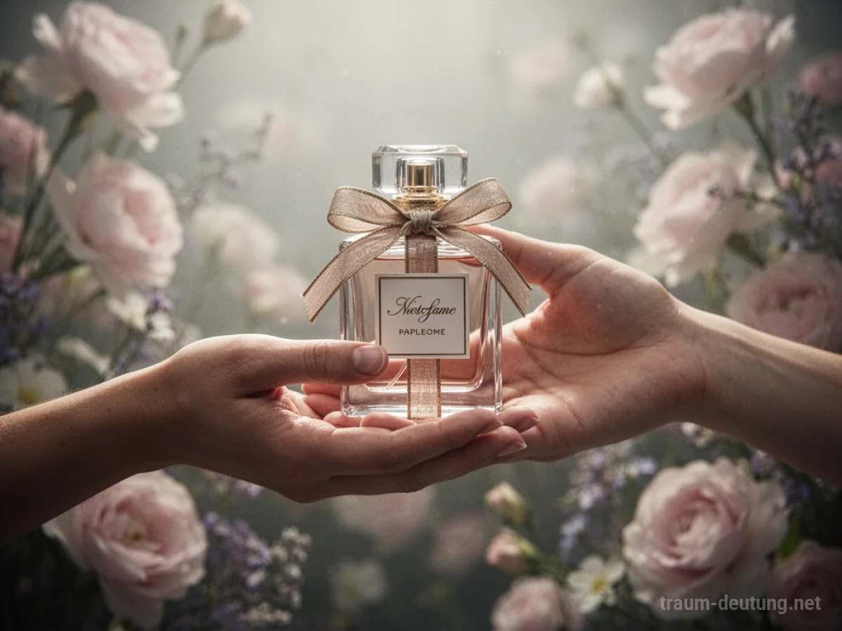 Eine Hand reicht eine Parfümflasche als Geschenk an eine andere Hand.