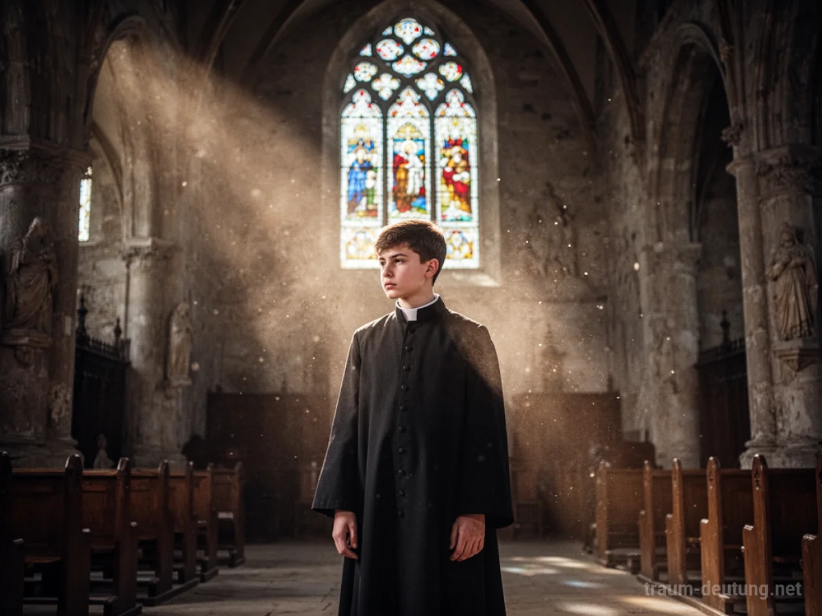 Junger Priester steht in einer alten Kirche, Licht fällt durch ein Buntglasfenster.