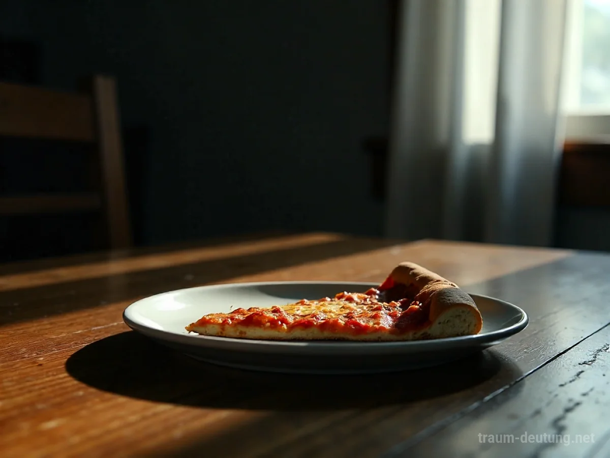 Eine einzelne Scheibe kalte Pizza auf einem Teller in einem dunklen Raum.
