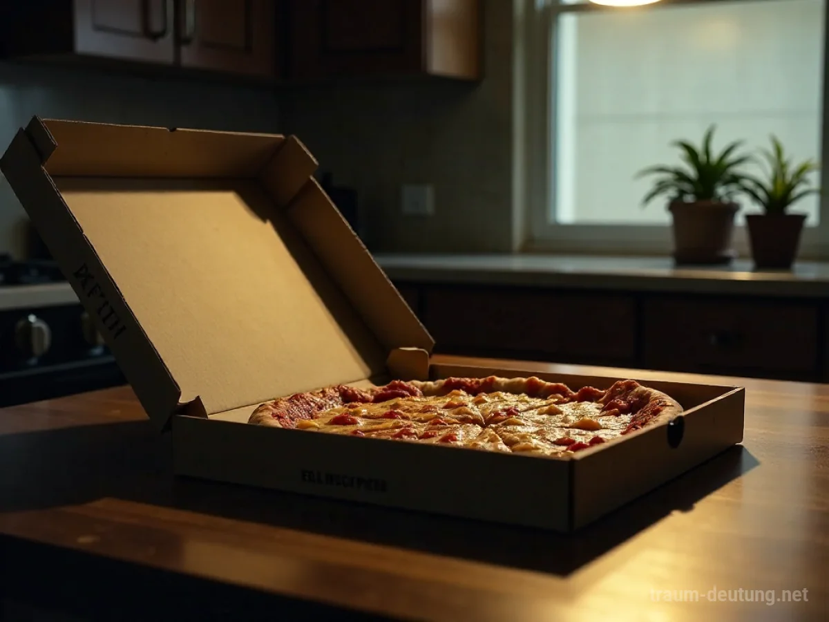 Leere Pizzaschachtel auf einem Tisch, daneben eine einzelne Pizzaschnitte außer Reichweite.