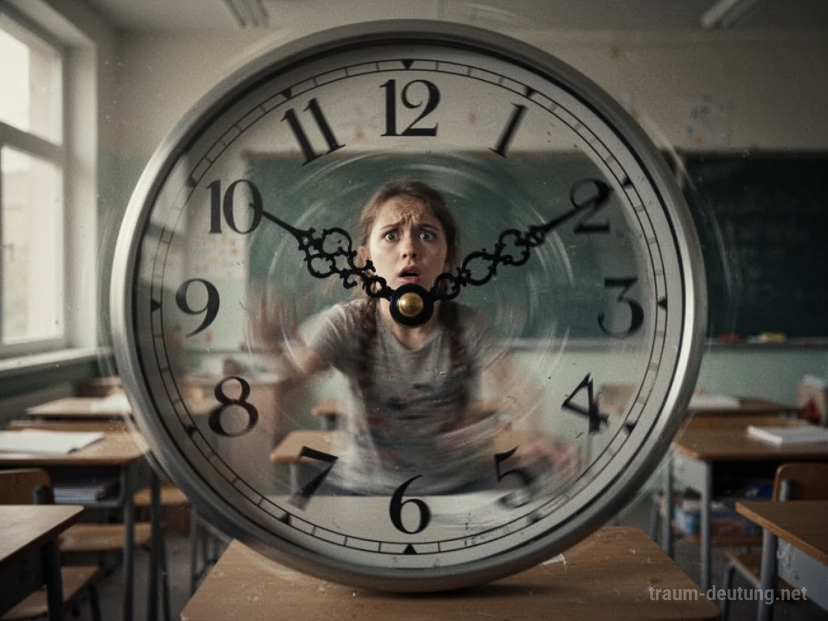 Eine Uhr mit sich schnell drehenden Zeigern und einer verschwommenen Prüfungssituation im Hintergrund.