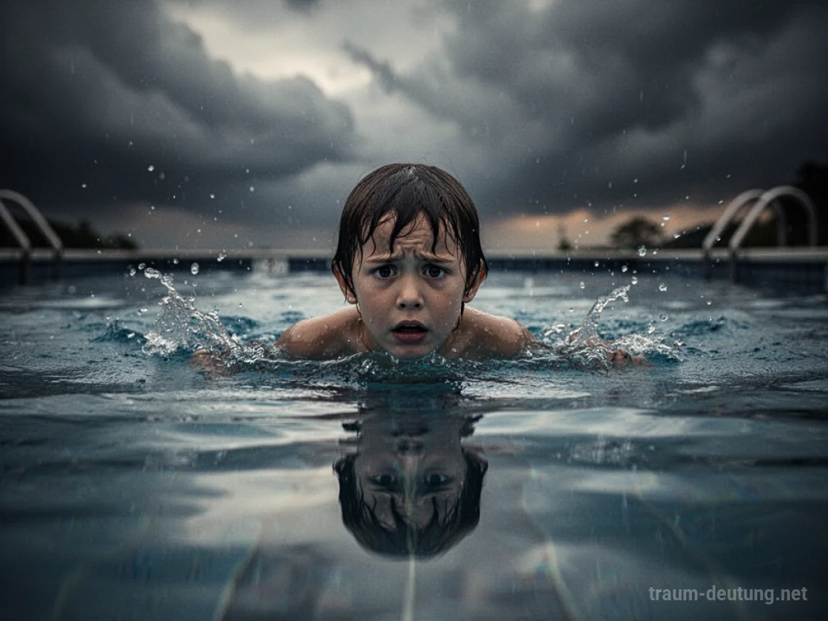 Kindersilhouette kämpft im Pool, das Wasser spiegelt ein verzerrtes Gesicht wider.