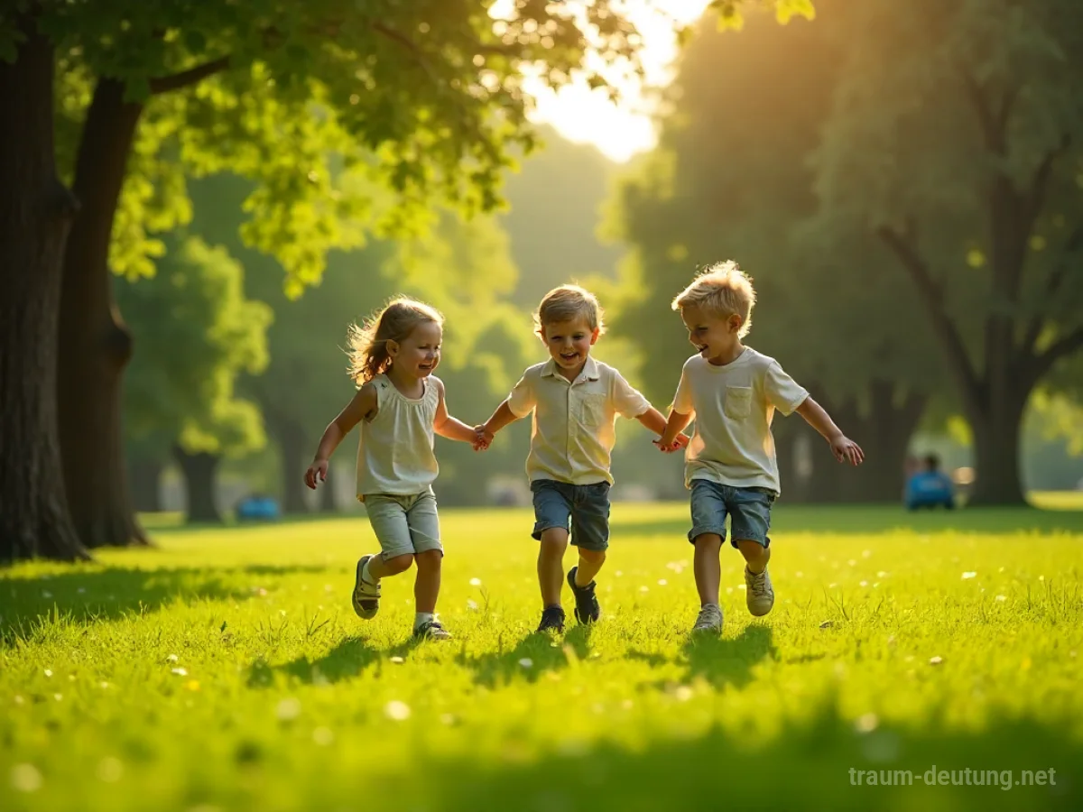 Kinder spielen fröhlich auf einer grünen Wiese in einem sonnigen Park.