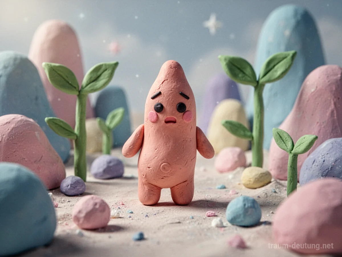 Kleine, stilisierte Penisfigur aus Ton in einer surrealen Umgebung.