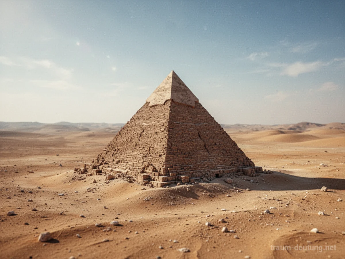 Eine kleine, detaillierte Pyramide steht allein in einer weiten Wüstenlandschaft.