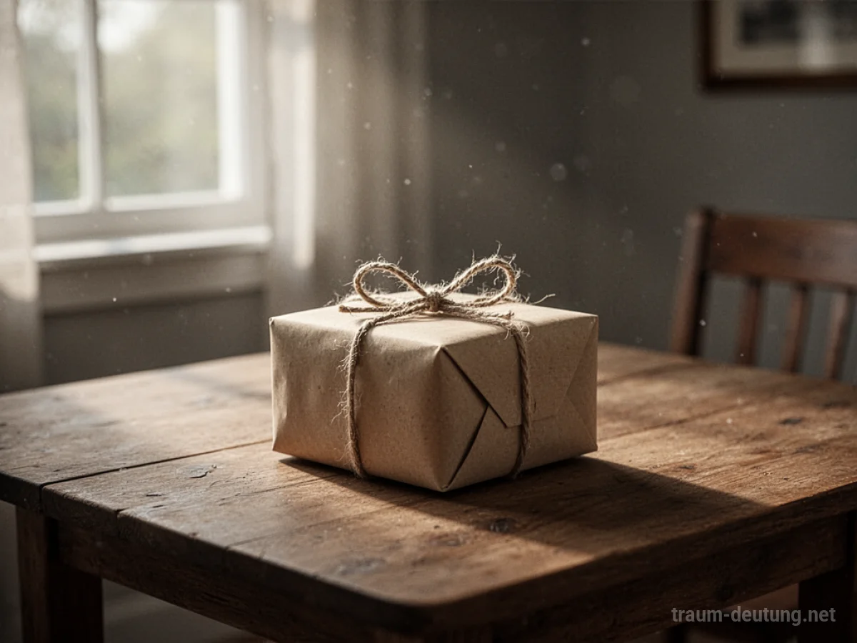 Ein kleines, verpacktes Geschenk auf einem Holztisch im Sonnenlicht.
