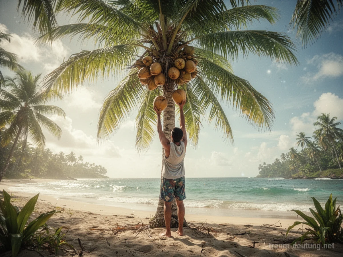 Hände pflücken Kokosnüsse von einer Palme am Strand.