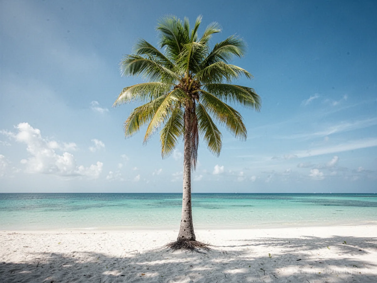 Eine einzelne Kokospalme steht an einem sonnigen Strand.