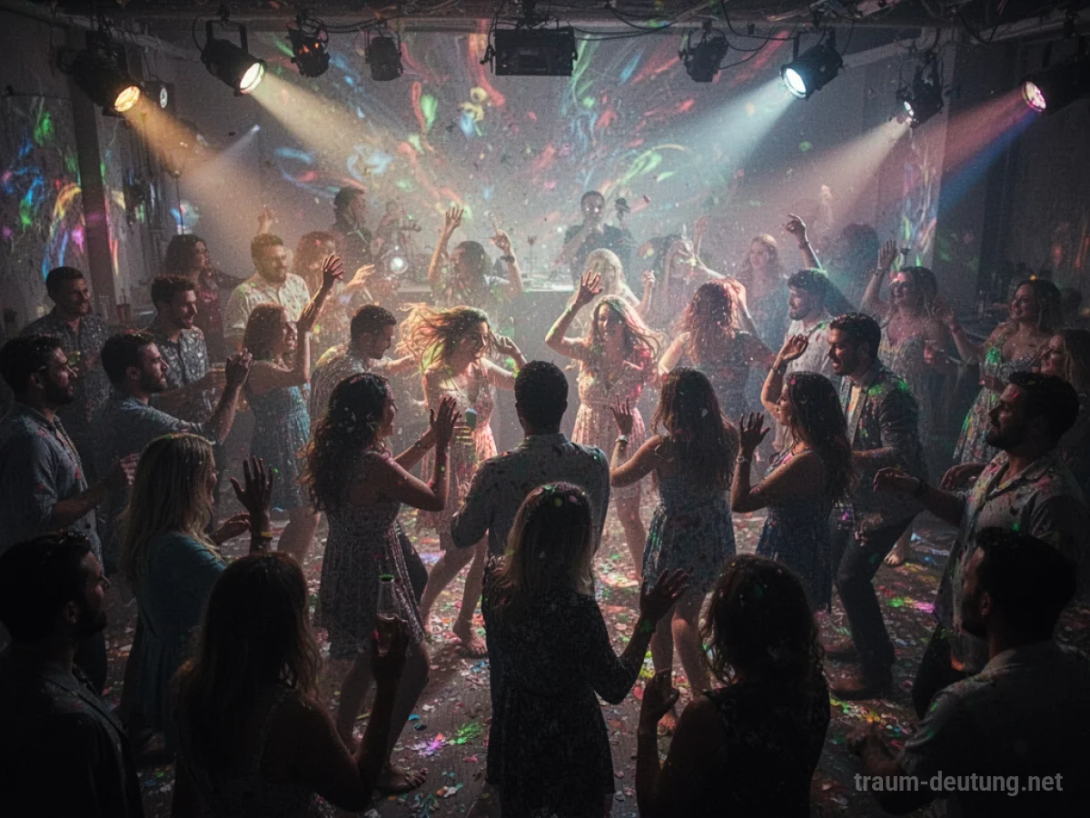 Menschenmenge auf einer bunten, lebhaften Party mit vielen Lichtern