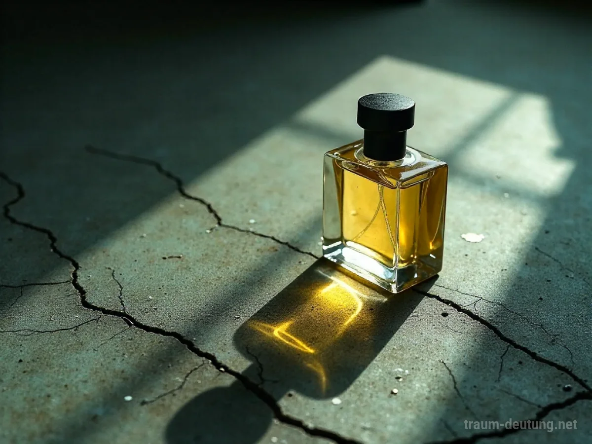 Leere Parfümflasche auf staubigem Untergrund im diffusen Licht.