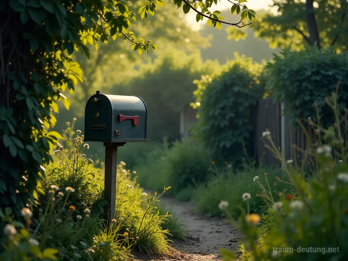 Ein leerer Briefkasten im Garten bei Tageslicht.