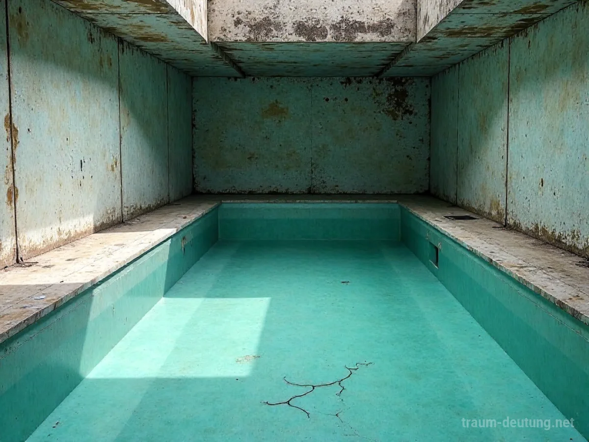 Ein leerer Schwimmbecken mit trockenem Becken und Schatten.