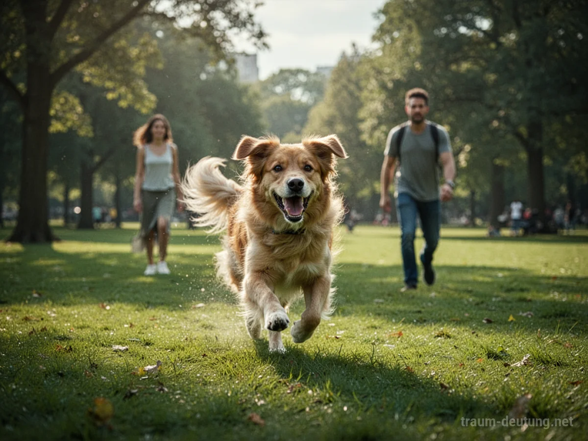 Ein Hund rennt fröhlich durch einen grünen Park.
