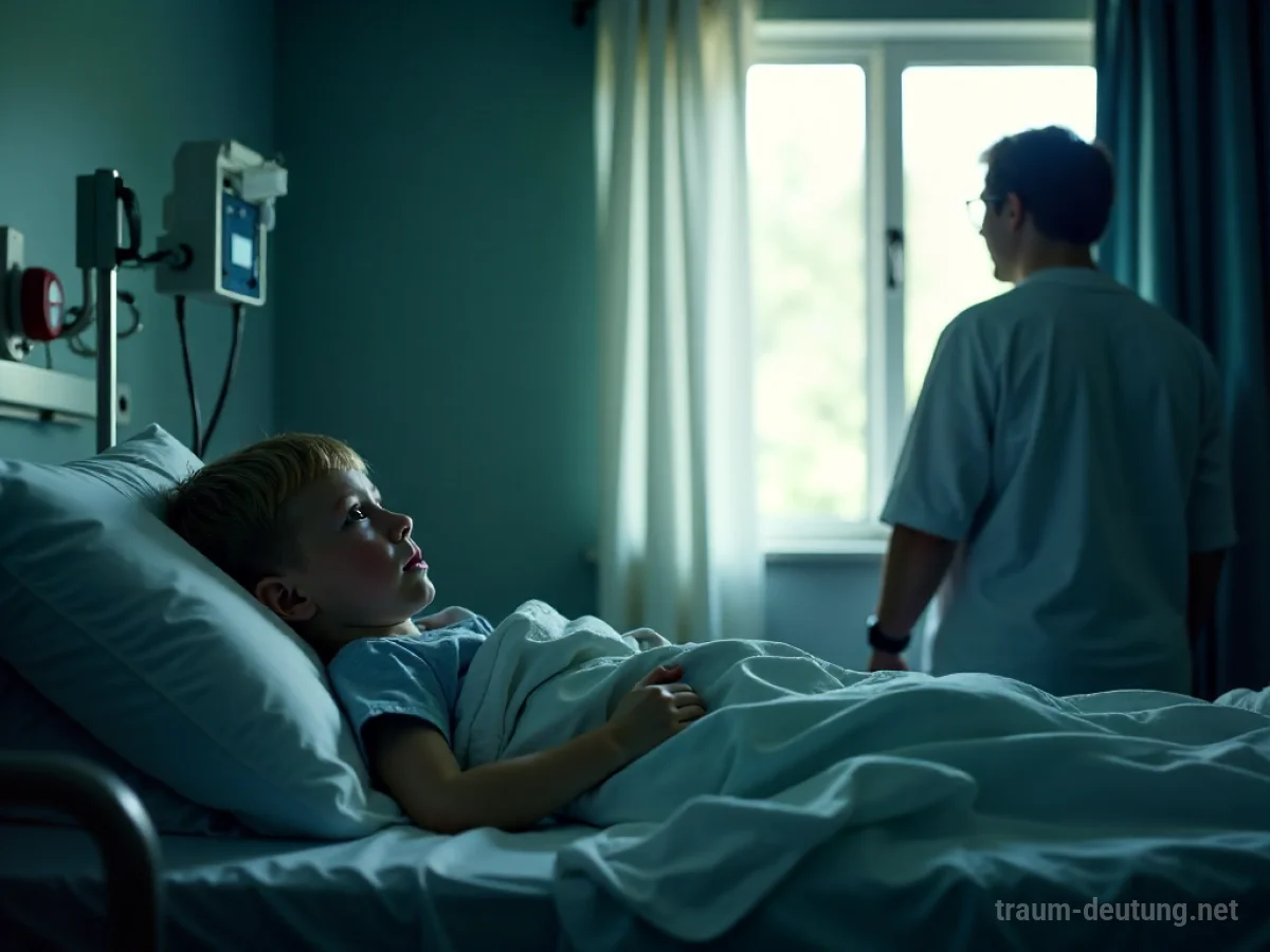 Ein Kind liegt im Bett in einem medizinischen Raum, eine Person steht besorgt im Hintergrund.
