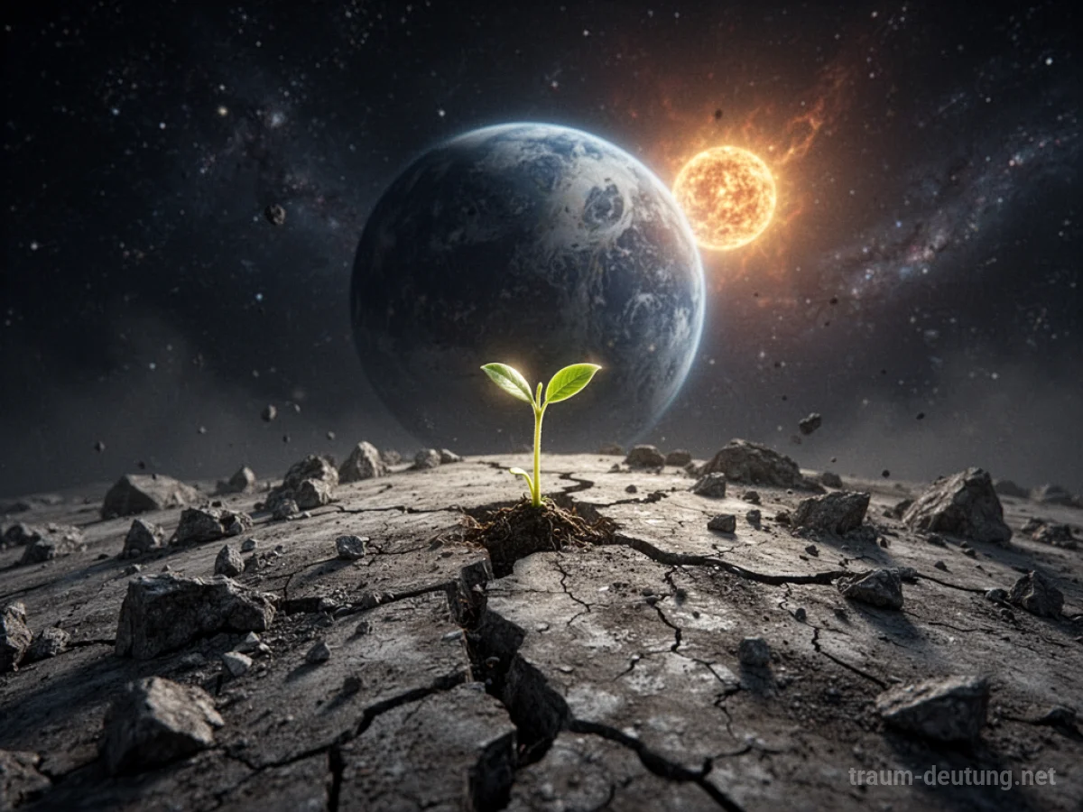 Sterbender Planet mit Rissen und einem jungen Spross, der durchbricht