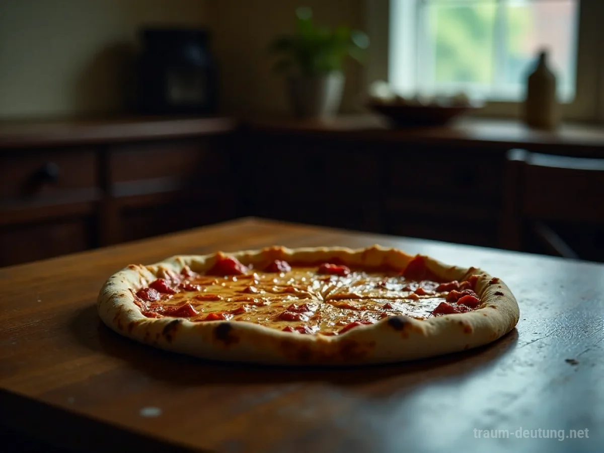 Kalte Pizza auf einem Tisch im Halbdunkel