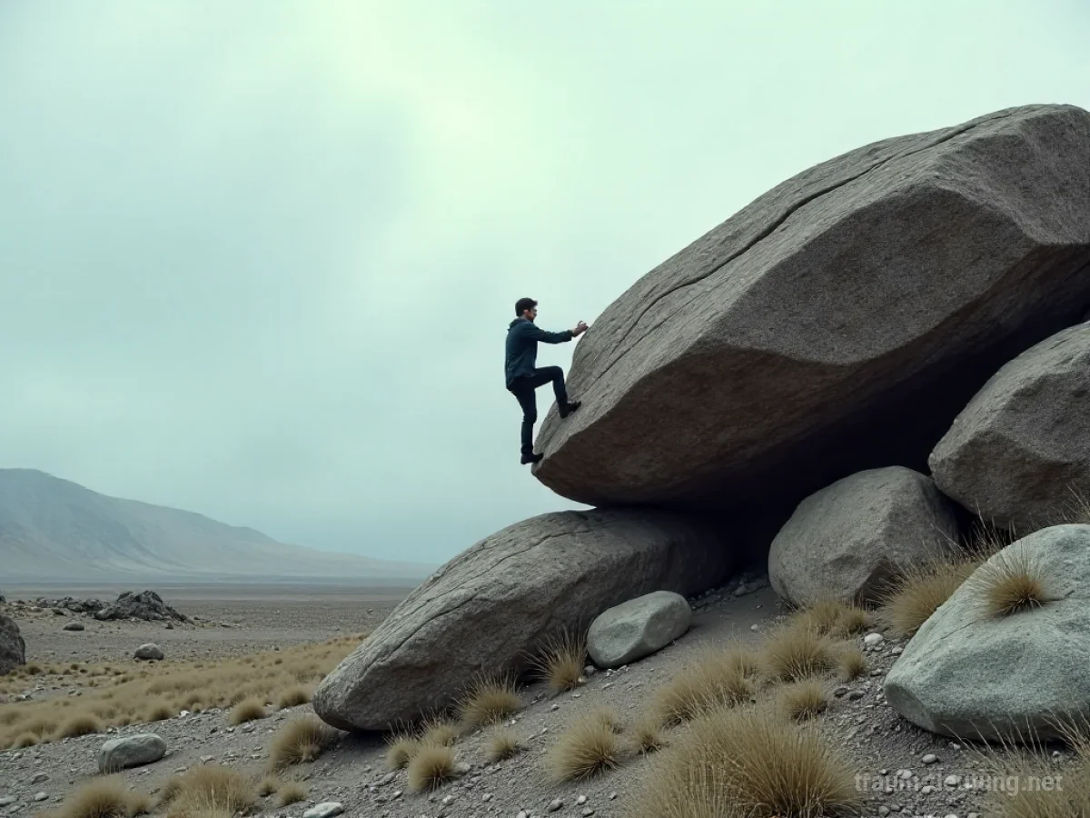 Eine einzelne Person kämpft sich über einen großen Felsen in einer kargen Landschaft.