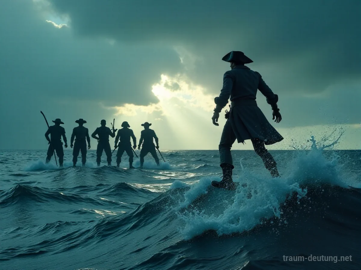 Silhouetten einer Person kämpft gegen Piraten auf stürmischer See