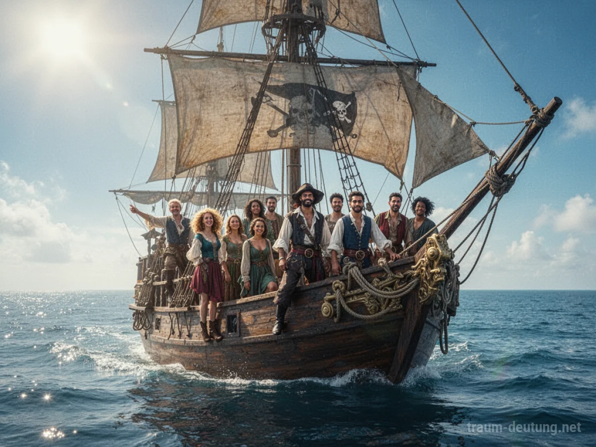 Menschen segeln gemeinsam auf einem Piratenschiff auf dem Meer.
