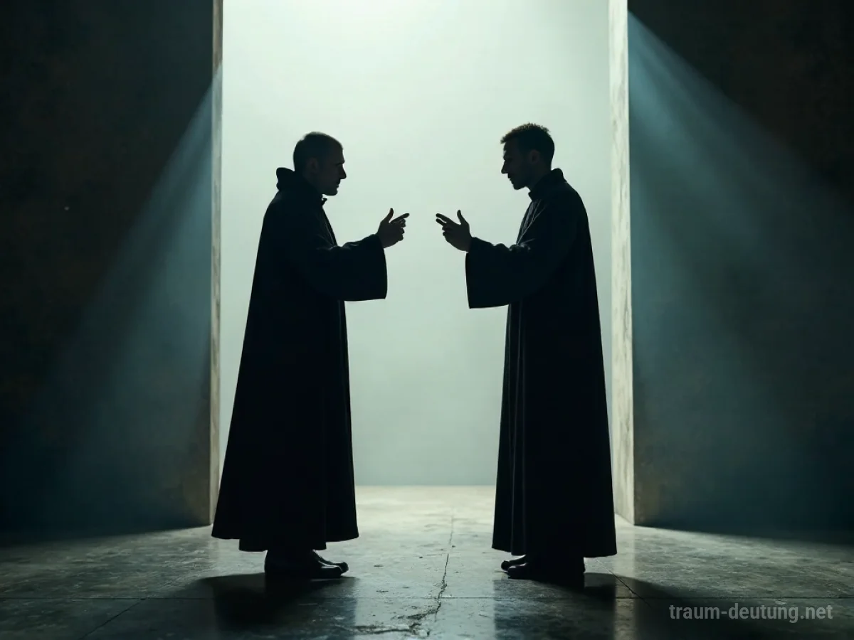 Silhouette eines Streits zwischen einer Person und einem Priester
