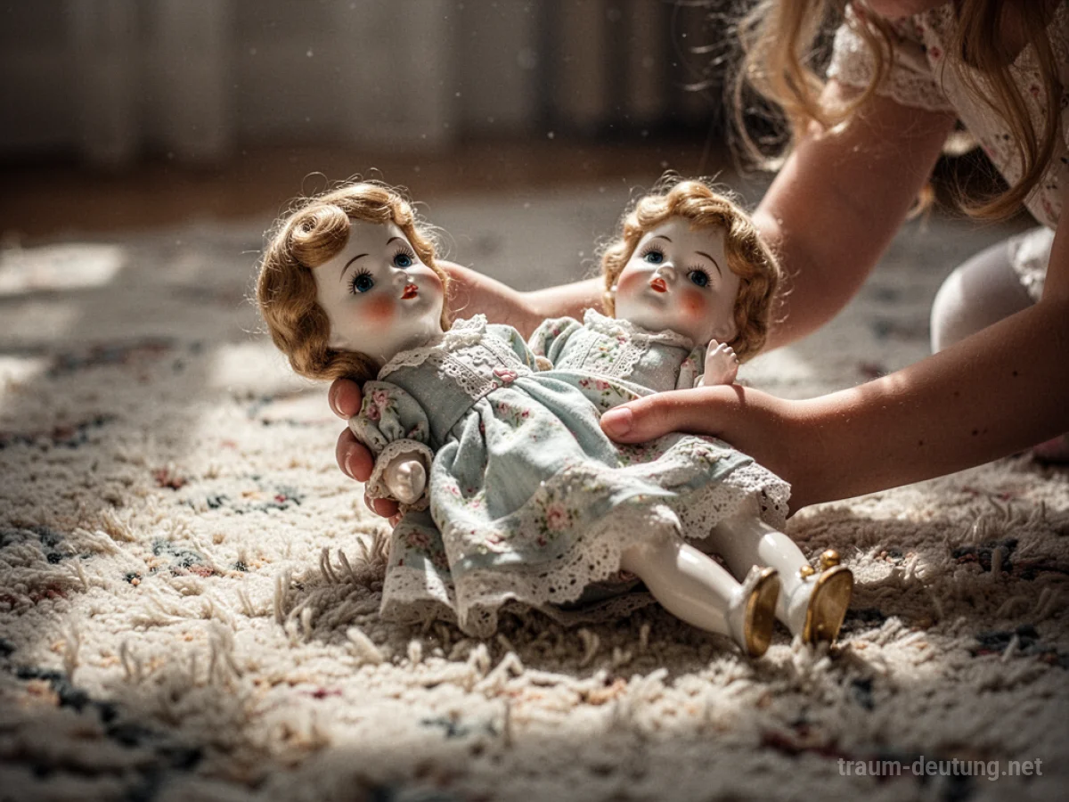 Kinderhand hält eine alte Porzellanpuppe auf einem Teppich im Sonnenlicht.