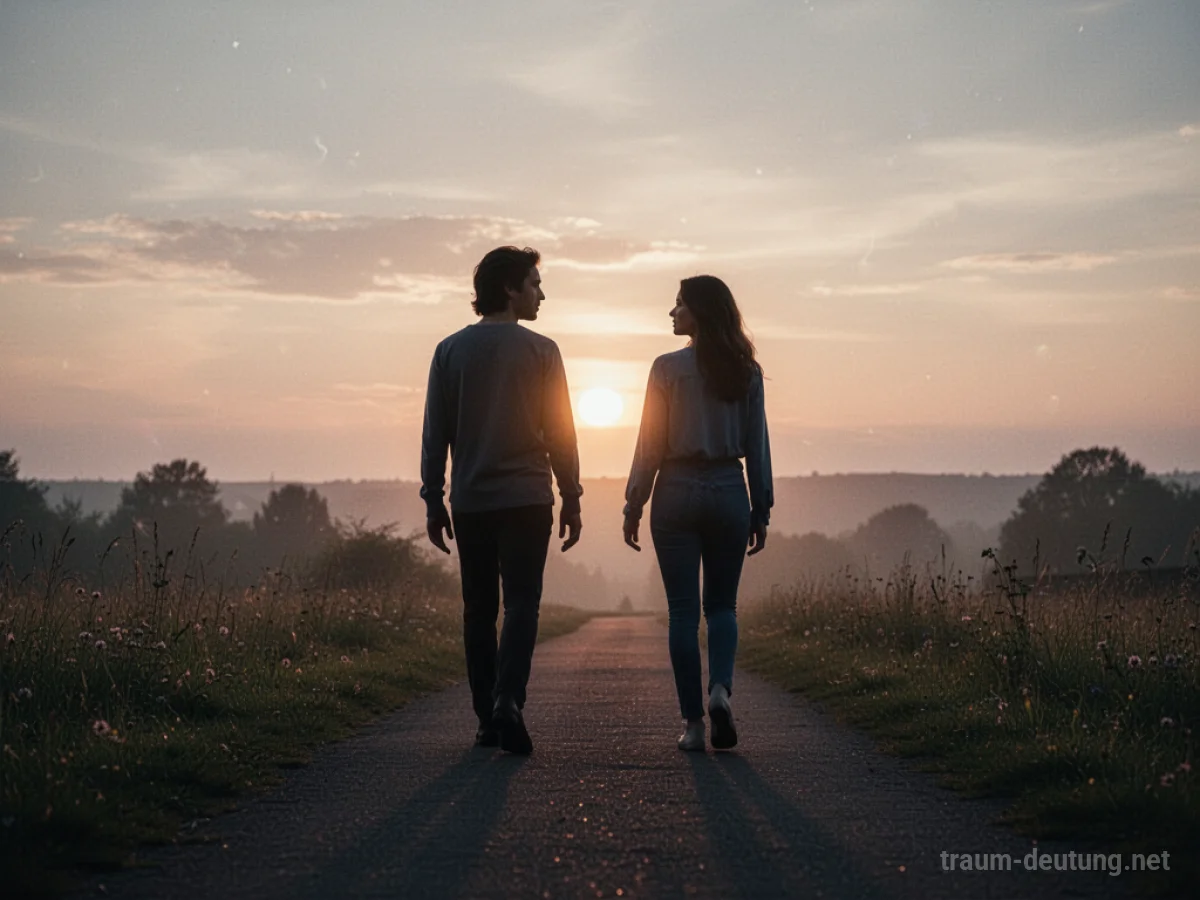 Zwei Silhouetten nähern sich auf einem Weg unter einem hoffnungsvollen Sonnenaufgang.