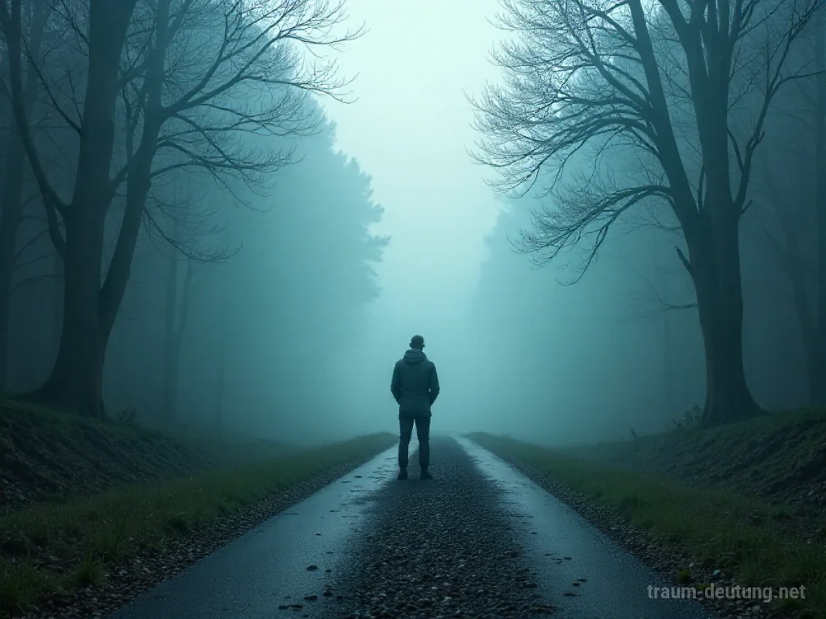 Person steht an einer Weggabelung im dichten Nebel