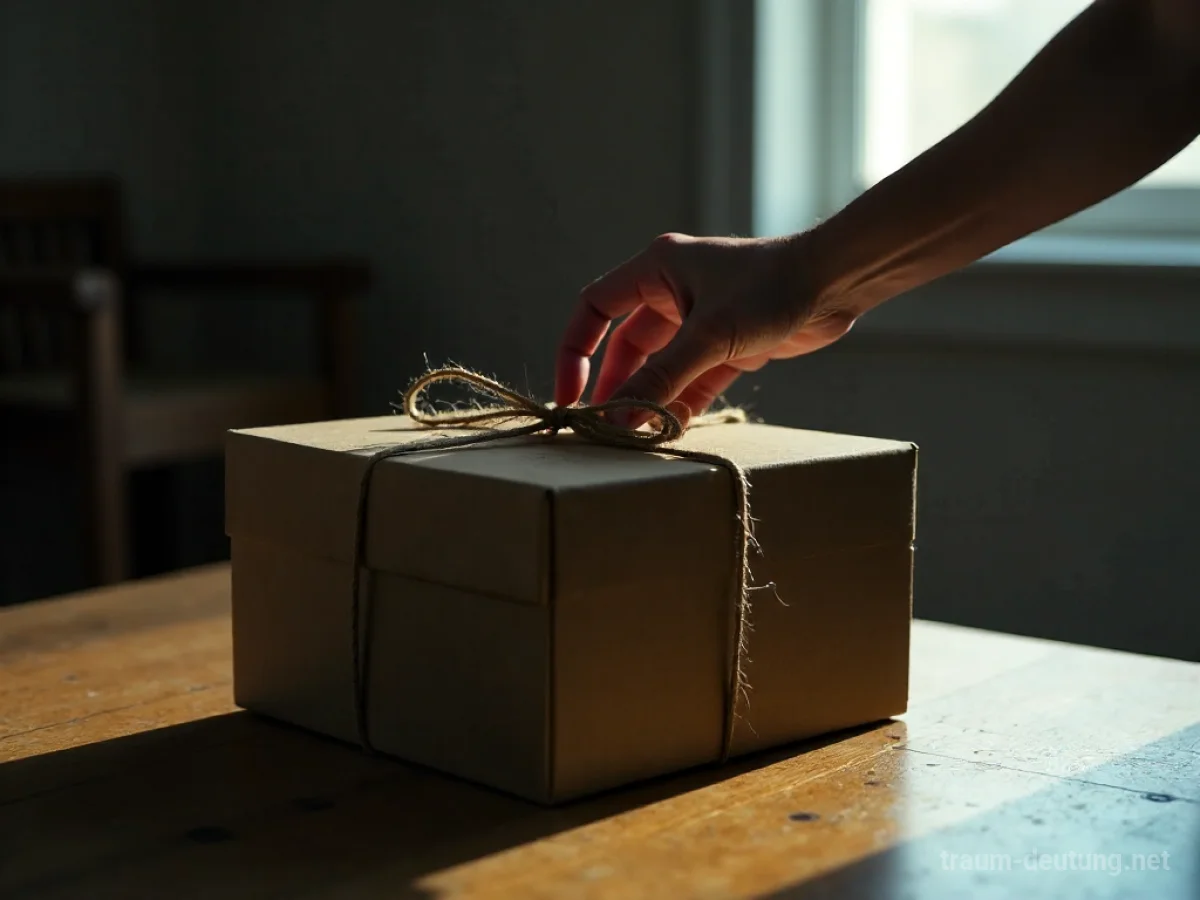 Geschlossenes Paket auf einem Tisch, eine zögerliche Hand nähert sich.